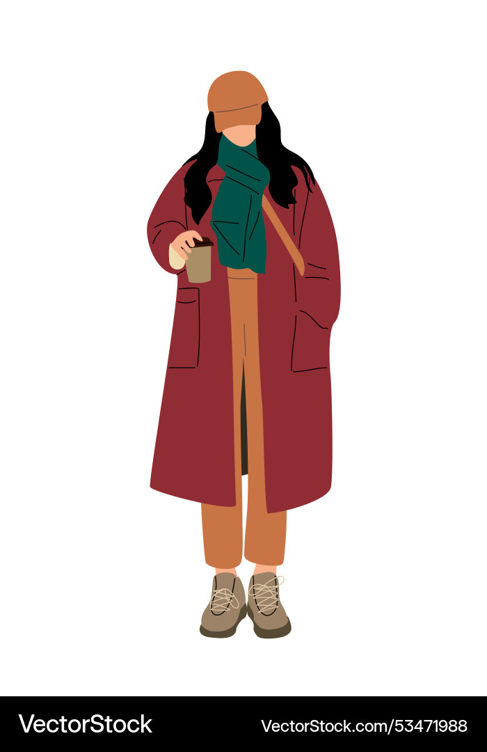 Young woman wearing coat standing with coffee cup Young woman wearing coat standing with coffee cup vector image