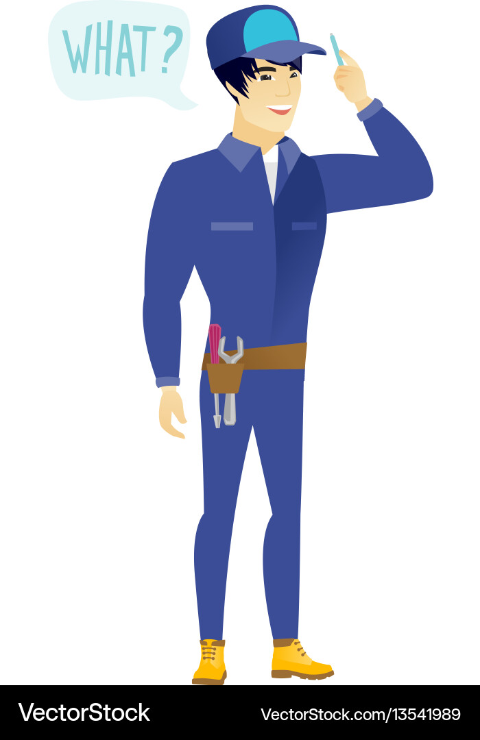 Mechanic with question what in speech bubble Mechanic with question what in speech bubble vector image