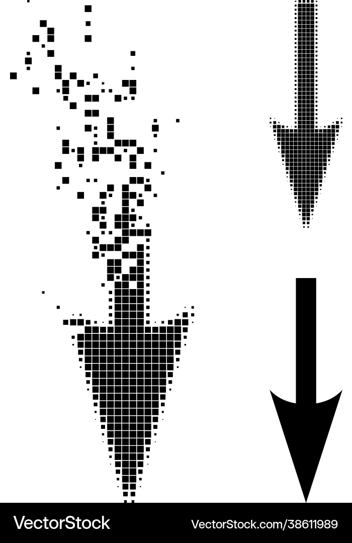 Moving and halftone pixelated sharp arrow down Vector Image