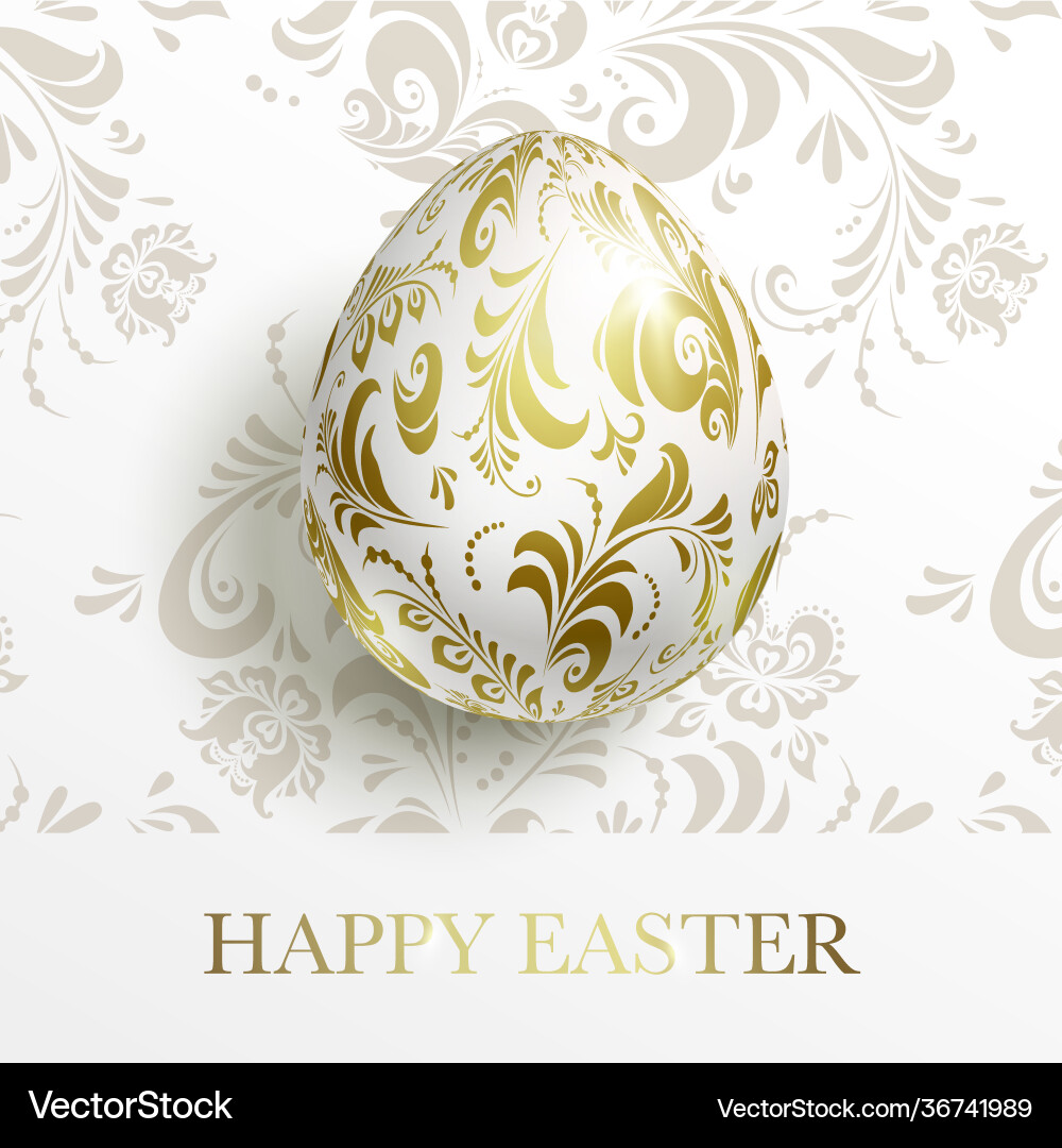 White happy easter card egg with a golden floral