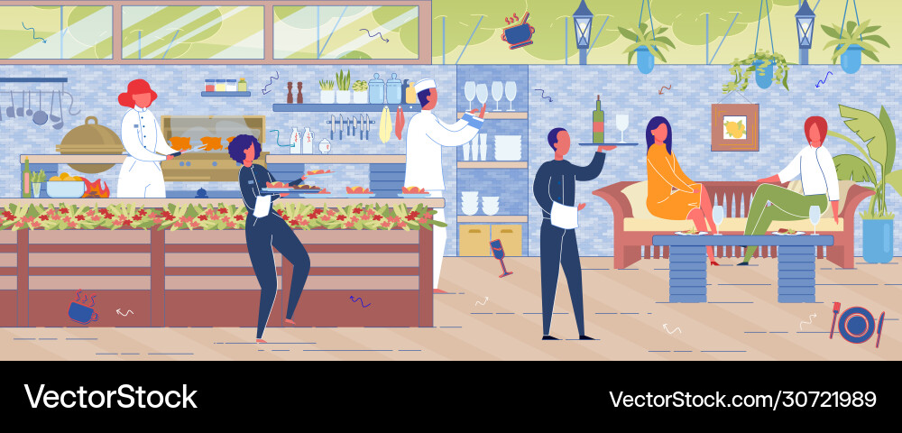 Woman sit on couch in cafe waiter serve meal Woman sit on couch in cafe waiter serve meal vector image