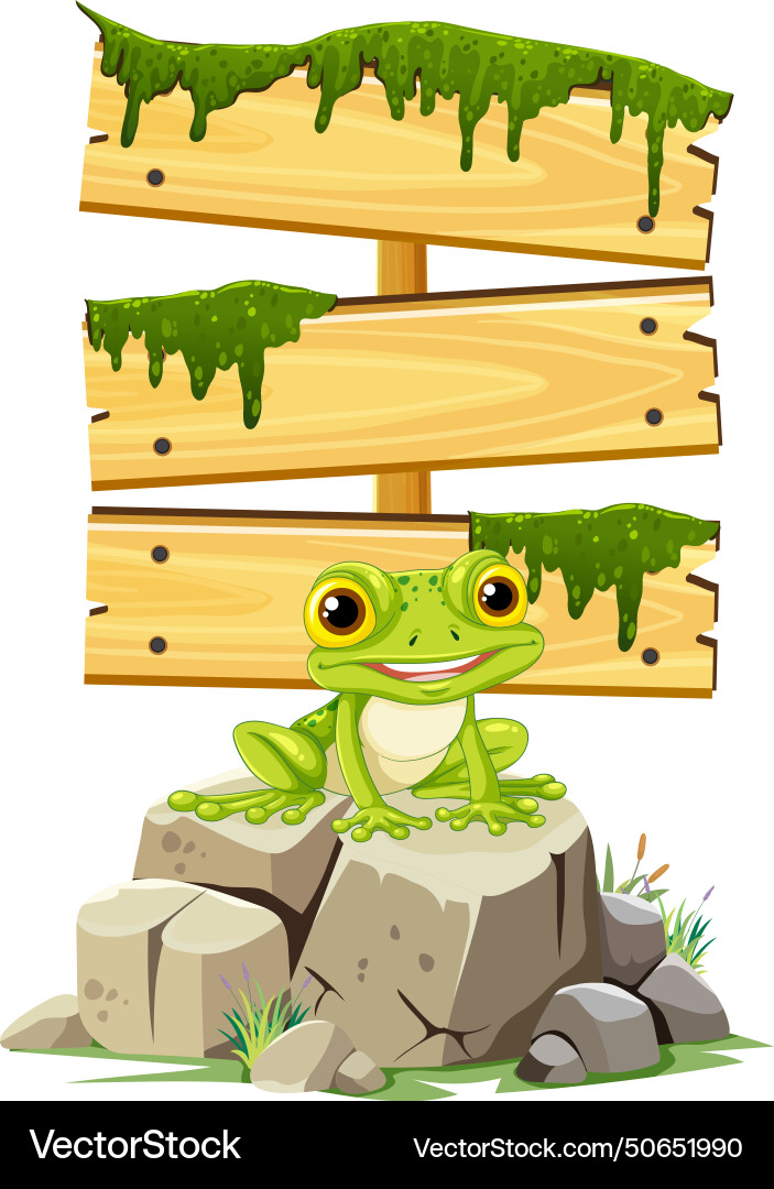 Happy frog sitting under a mossy wooden sign vector image