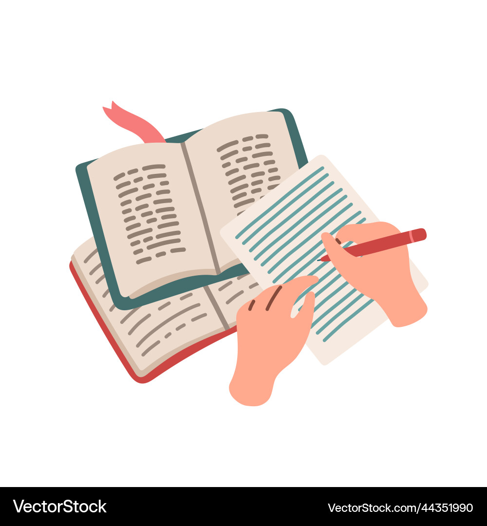 Top view of hands are writing in a notebook Top view of hands are writing in a notebook vector image