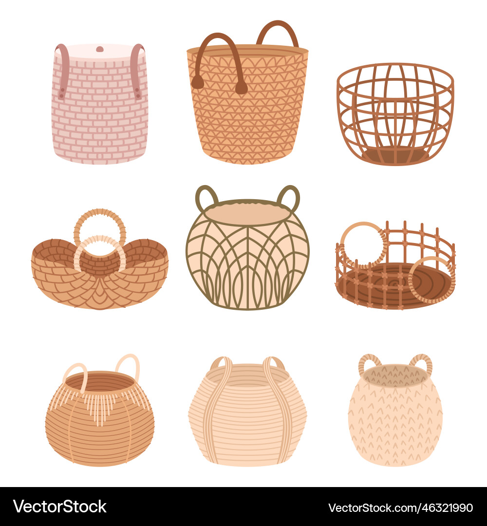 Wicker baskets set in different sizes and shapes Vector Image