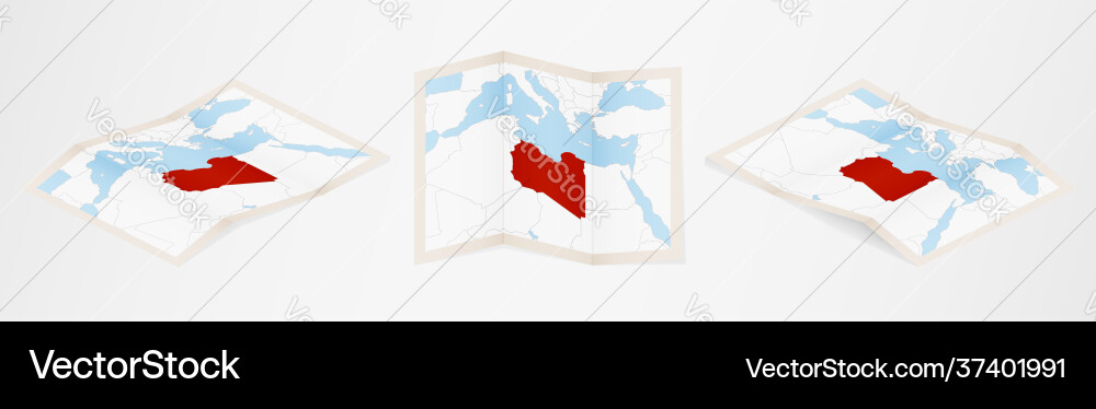 Folded map libya in three different versions Folded map libya in three different versions vector image