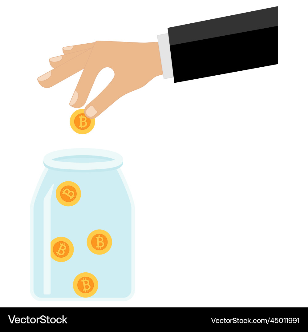 Hand throws a bitcoin coin into an empty jar Hand throws a bitcoin coin into an empty jar vector image