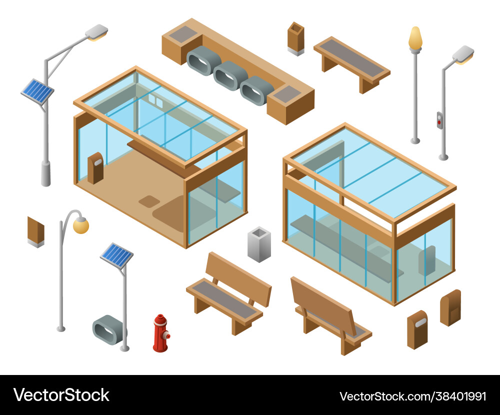 Isometric bus stop concept objects set vector image