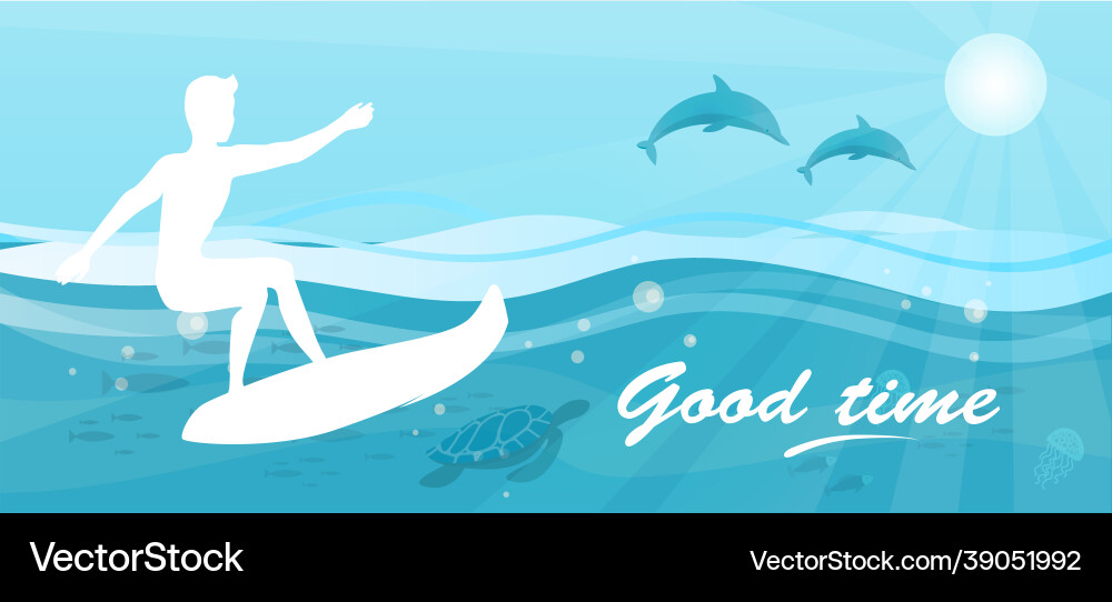 Landscape with ocean waves dolphins good time Landscape with ocean waves dolphins good time vector image
