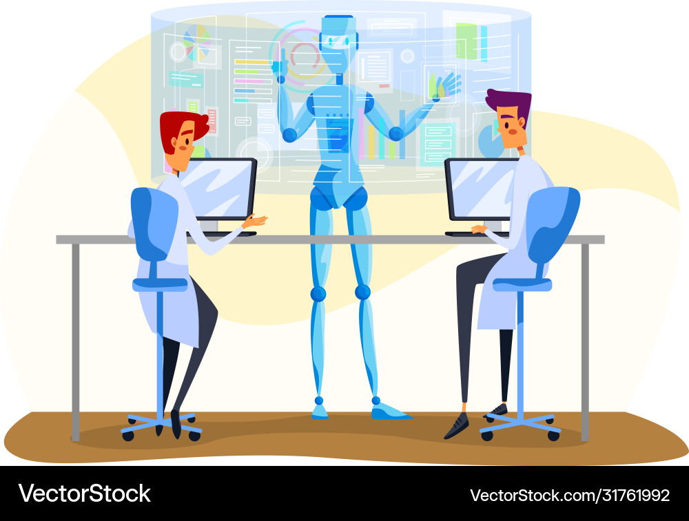 Robots and Scientists Collaborating vector image