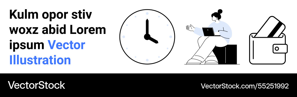 Worker using laptop next to clock and wallet Vector Image