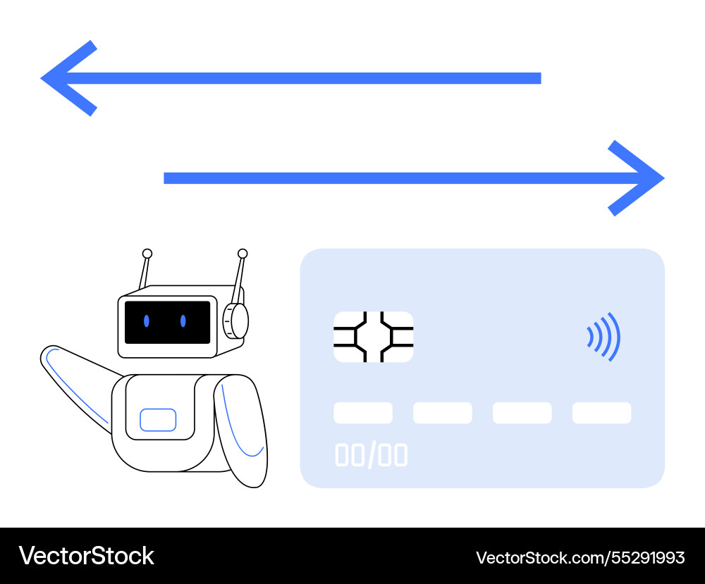 Ai robot with credit card and arrows representing Ai robot with credit card and arrows representing vector image