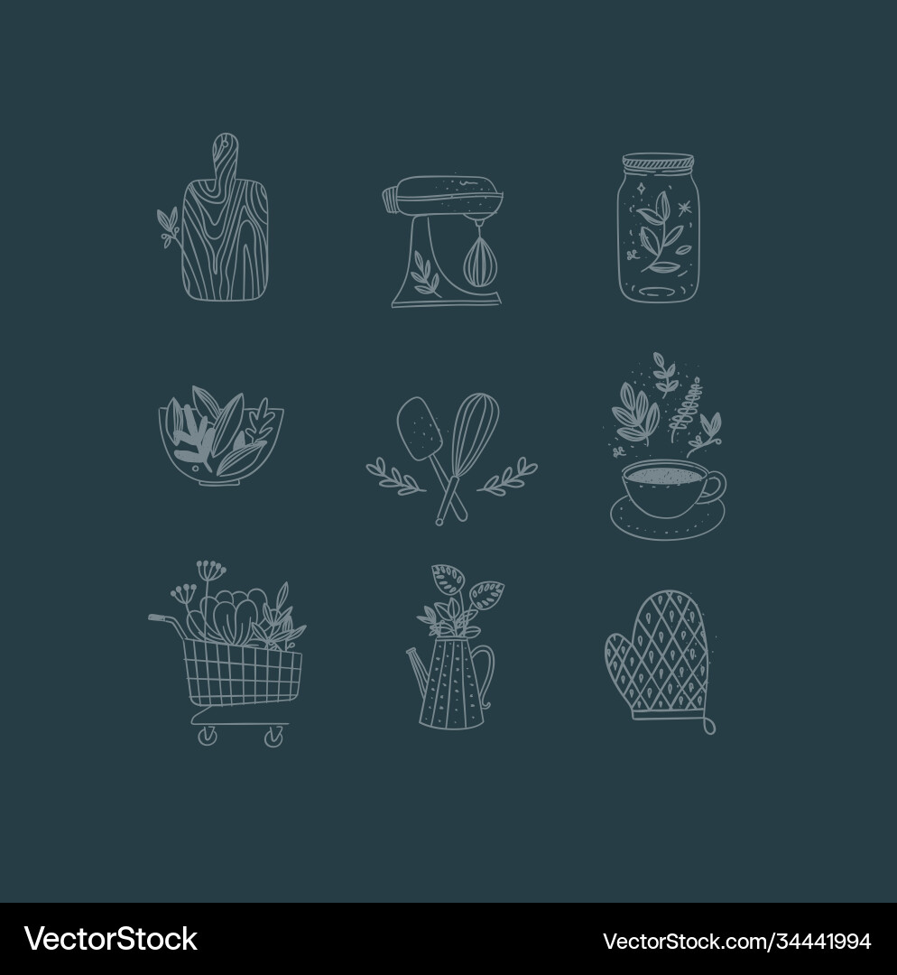 Hand made floral icons kitchen dark blue Hand made floral icons kitchen dark blue vector image