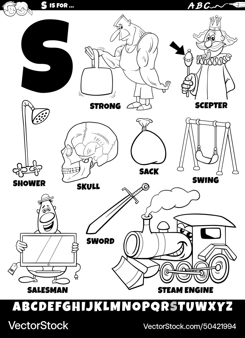 Letter s set with cartoon objects and characters Letter s set with cartoon objects and characters Vector Image