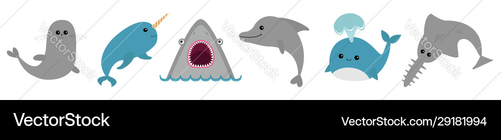 Sea ocean animal fauna icon set line blue whale Sea ocean animal fauna icon set line blue whale vector image