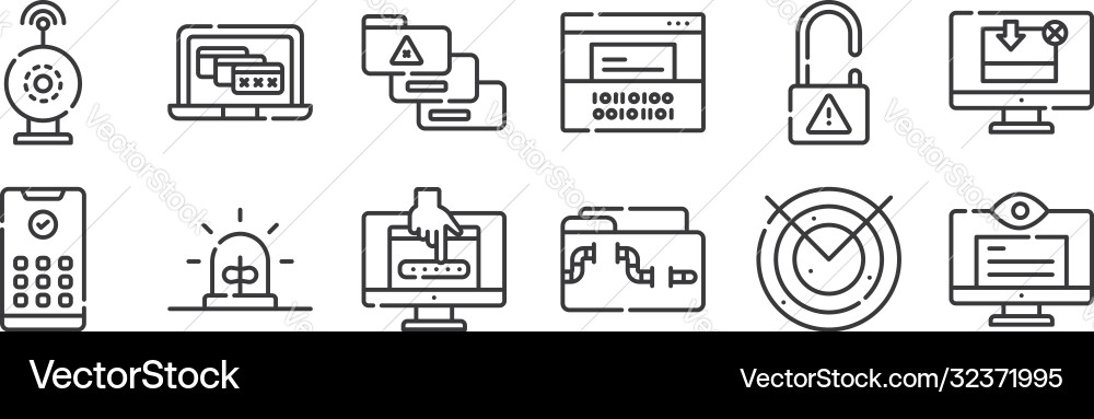12 set linear hacker icons thin outline Vector Image