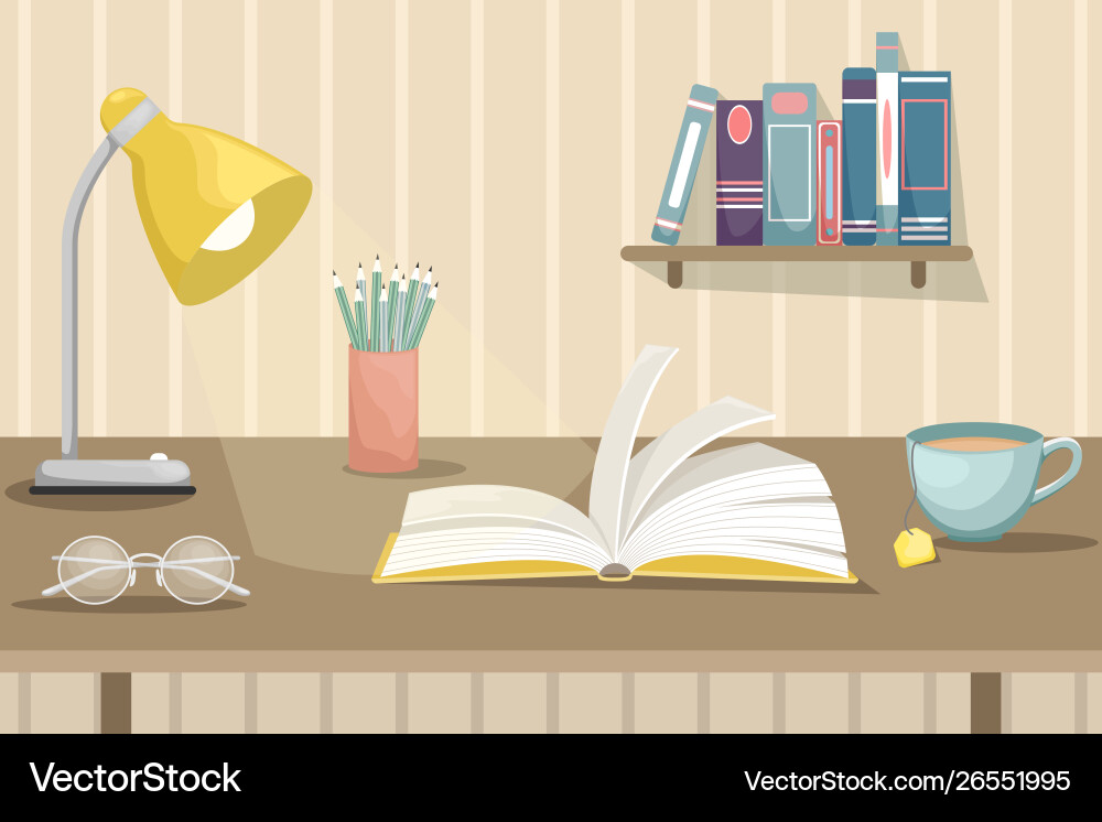 An open book on desktop with a lamp An open book on desktop with a lamp Vector Image