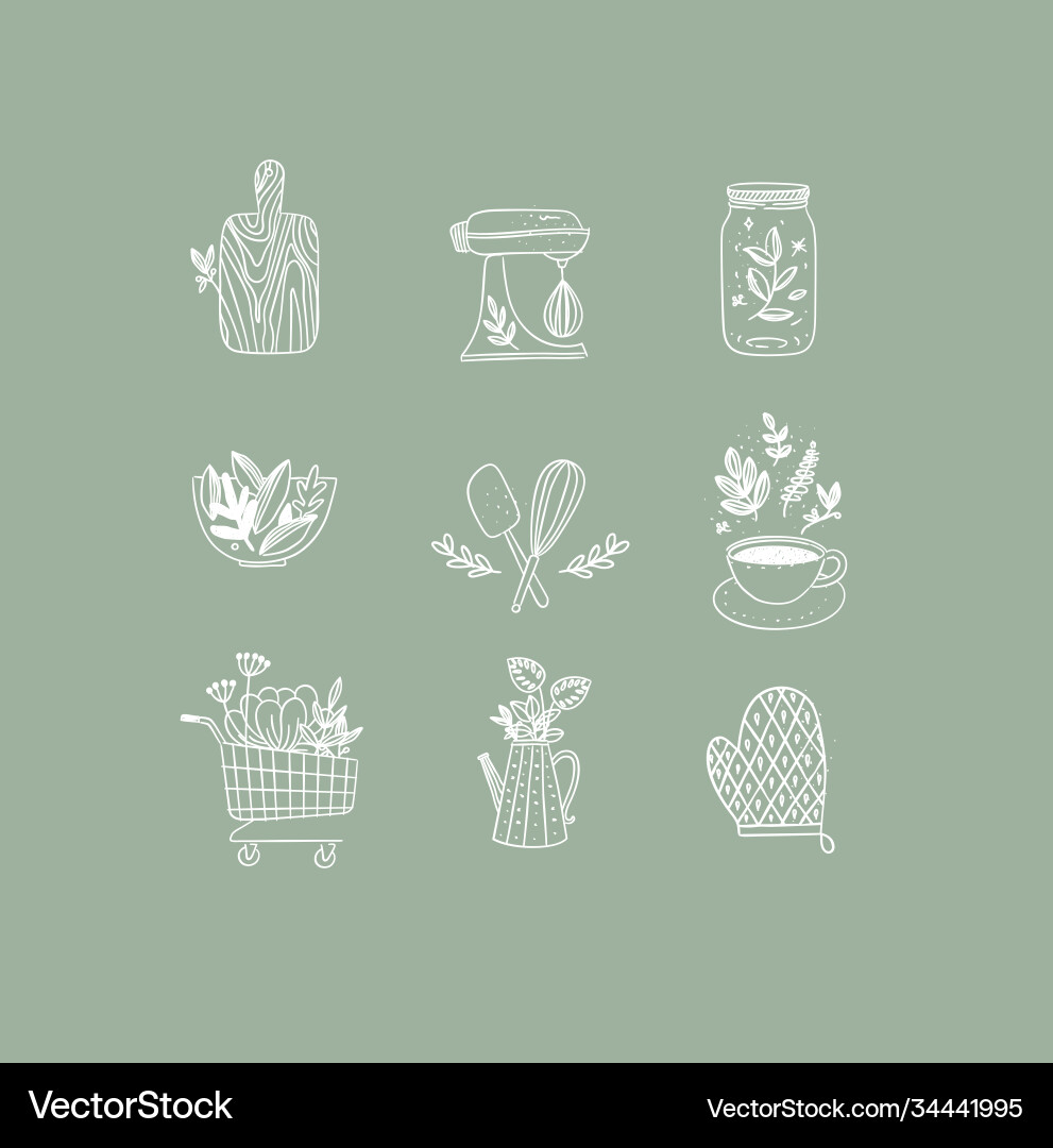 Hand made floral icons kitchen green Hand made floral icons kitchen green vector image