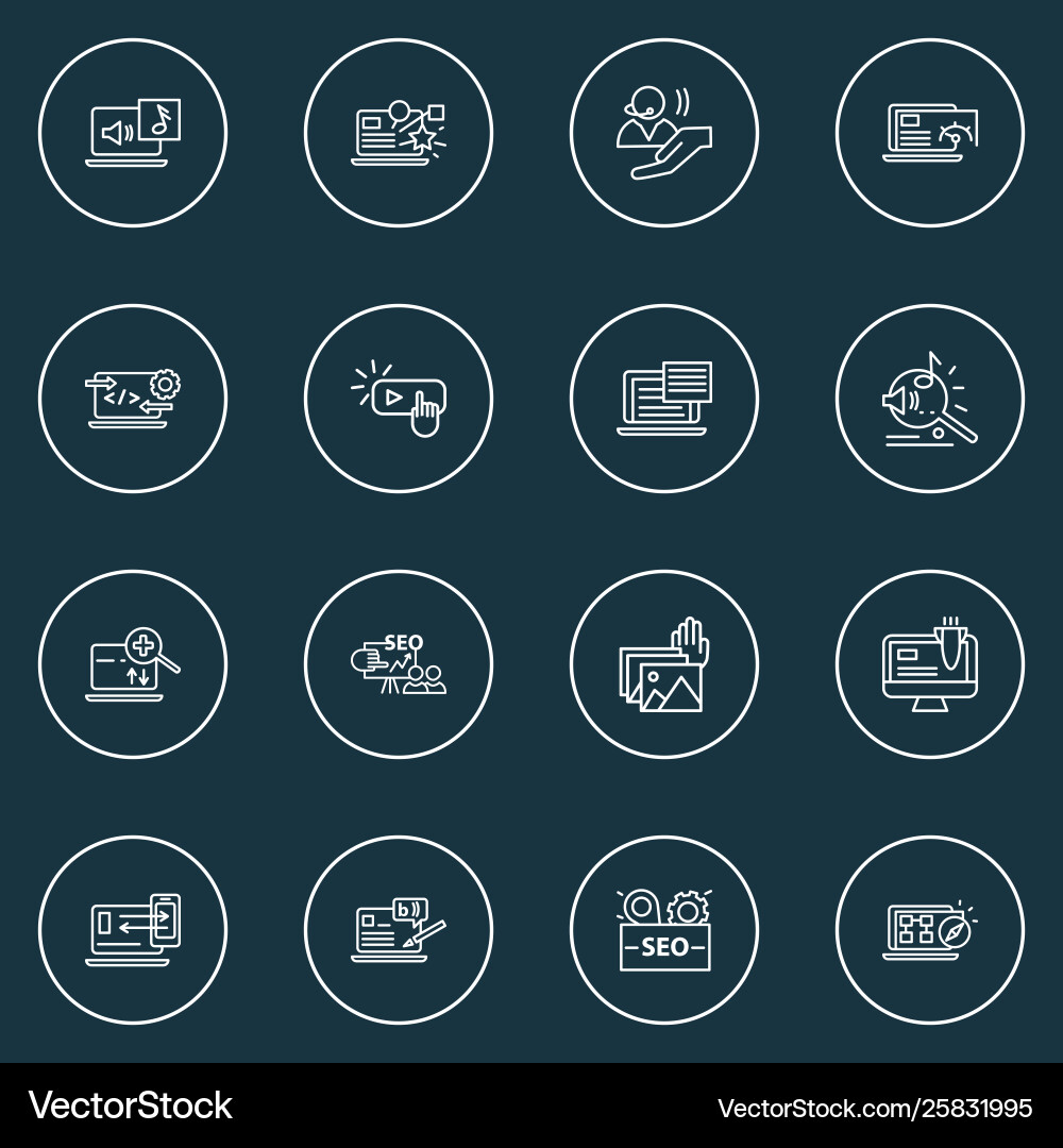 Optimization icons line style set with audio Vector Image