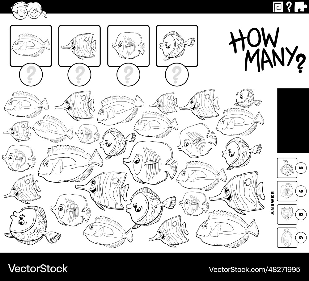 Wie viele Cartoon Fisch Zählen Aktivität Färbung Wie viele Cartoon Fisch Zählen Aktivität Färbung vektorbild