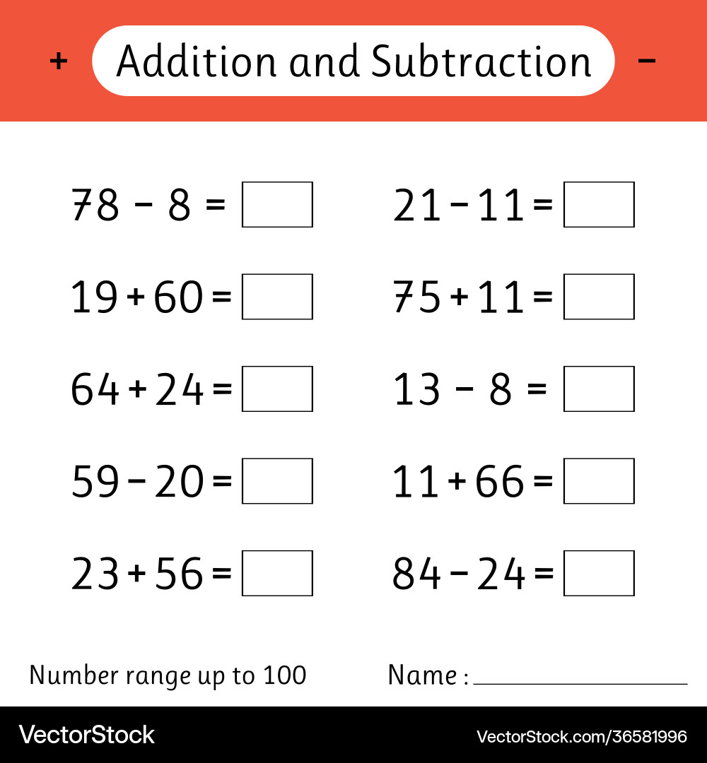 Addition and subtraction number range up to 100 Vector Image