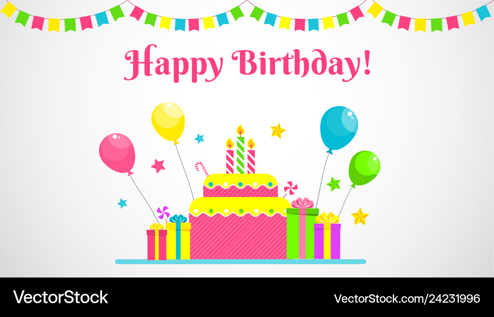 Birthday party flat cartoon greeting card Birthday party flat cartoon greeting card vector image