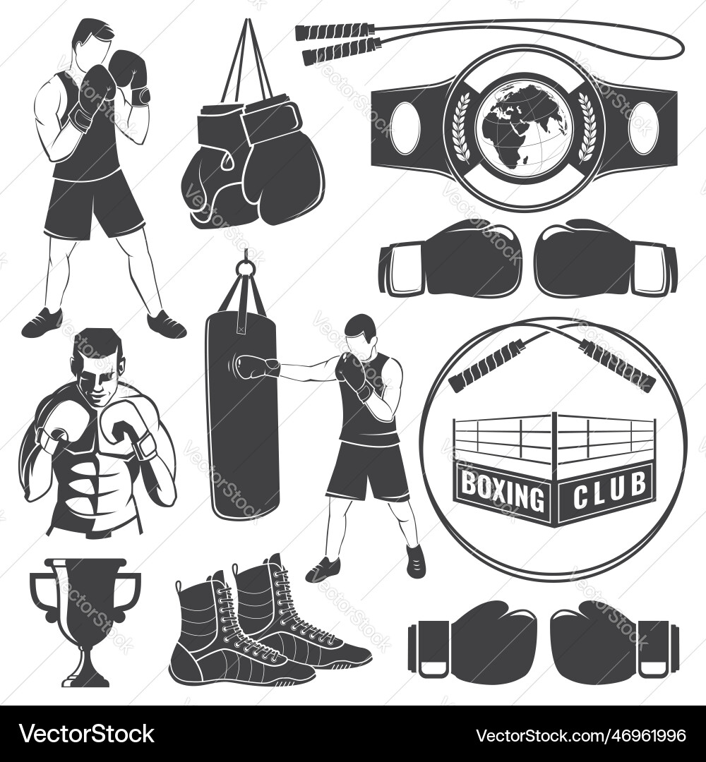 Boxing Equipment & Boxer Silhouettes Vector Image