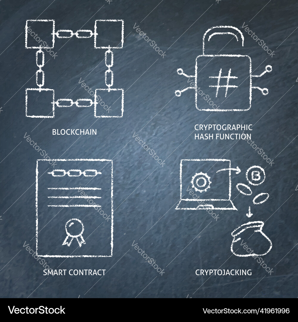 Chalkboard crypto and blockchain icon set Chalkboard crypto and blockchain icon set vector image