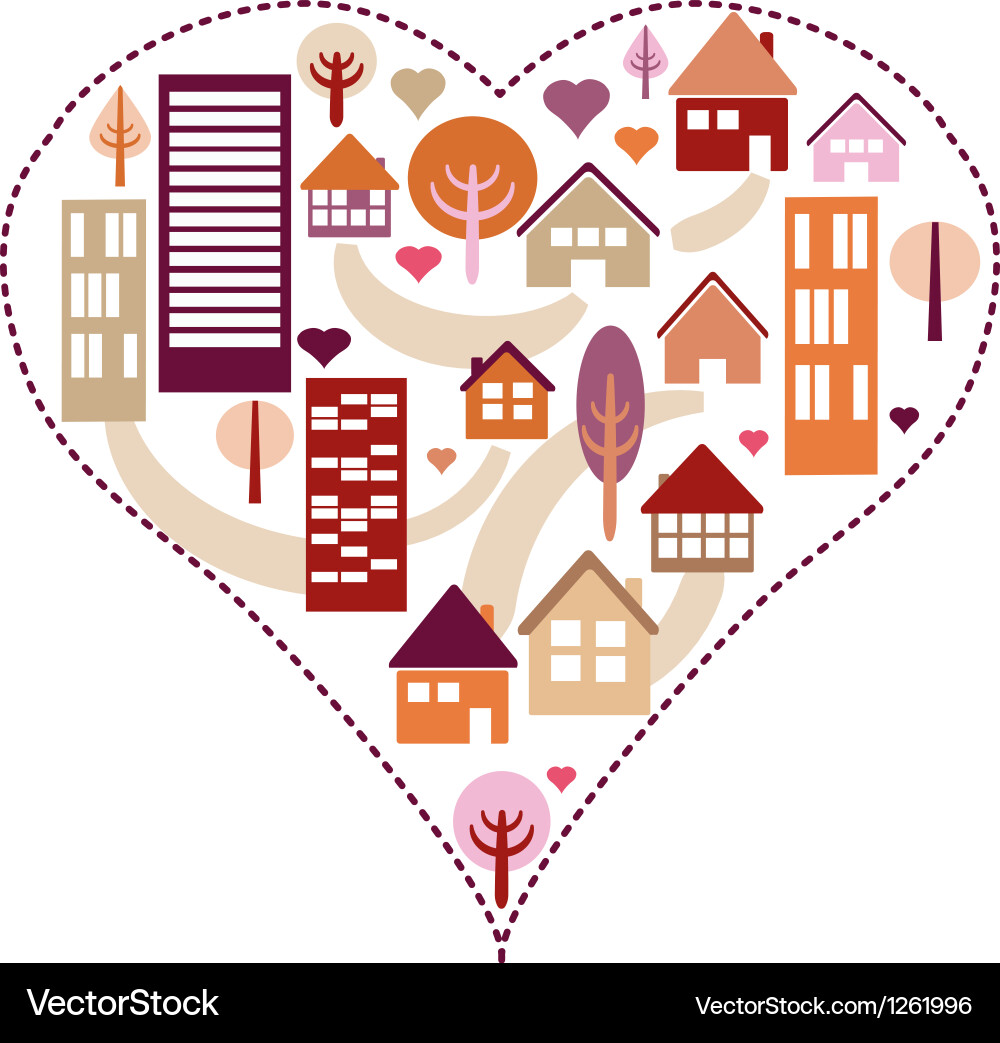 Heart pattern with different houses and trees Vector Image