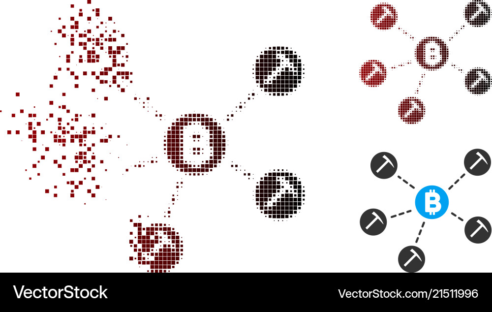 Moving pixel halftone bitcoin mining pool icon Moving pixel halftone bitcoin mining pool icon vector image