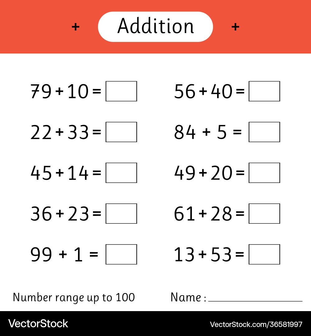 Addition number range up to 100 math worksheet Addition number range up to 100 math worksheet vector image