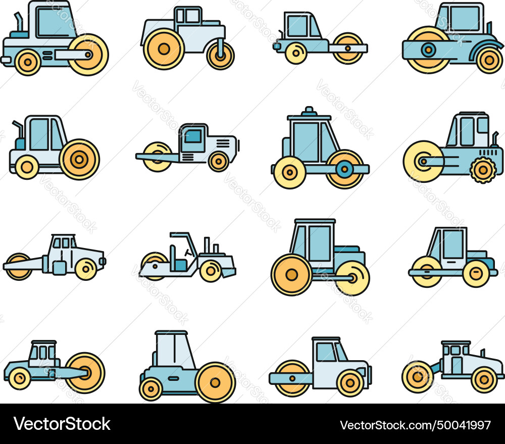 Construction road roller icons set color vector image