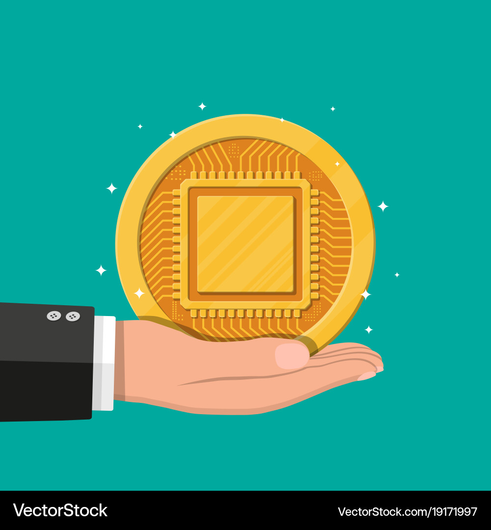 Golden coin with computer chip in hand vector image
