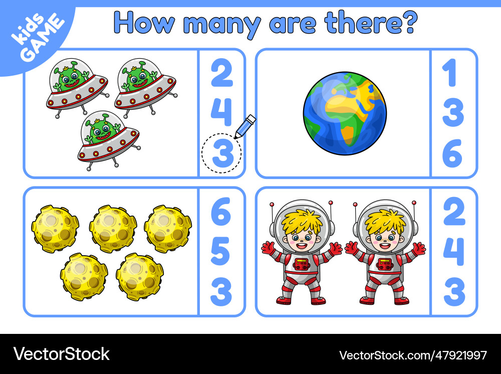 Math game how many are there cartoon space objects Math game how many are there cartoon space objects vector image