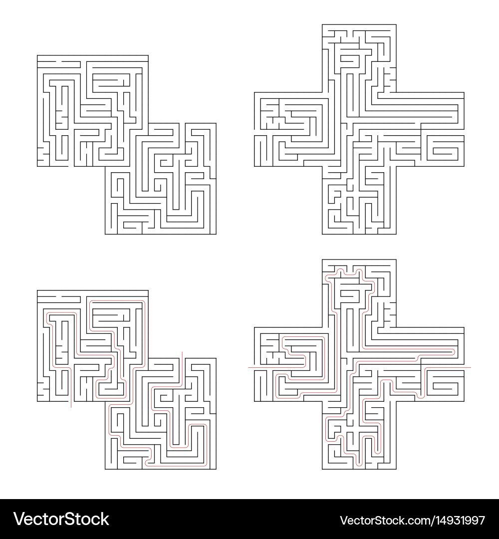 Two complicated labyrinths with red path Vector Image