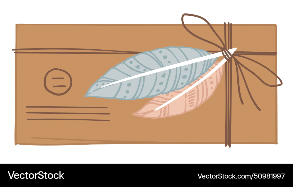 Vintage envelope tied with thread and feathers Vector Image