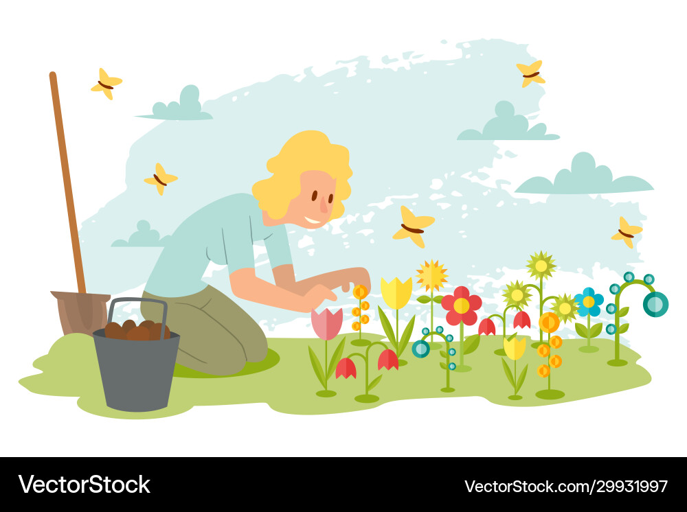 Woman planting flowers in spring garden cartoon Woman planting flowers in spring garden cartoon vector image