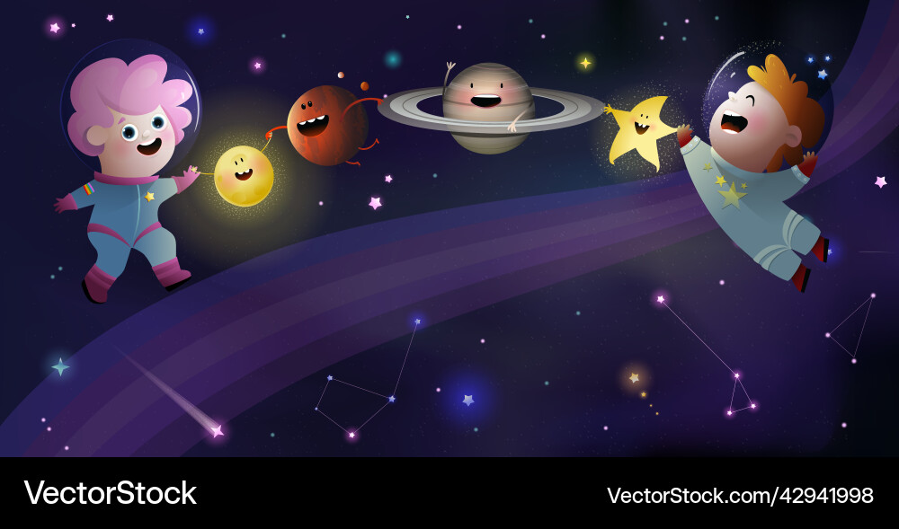 Astronaut children in space with planets wallpaper Vector Image