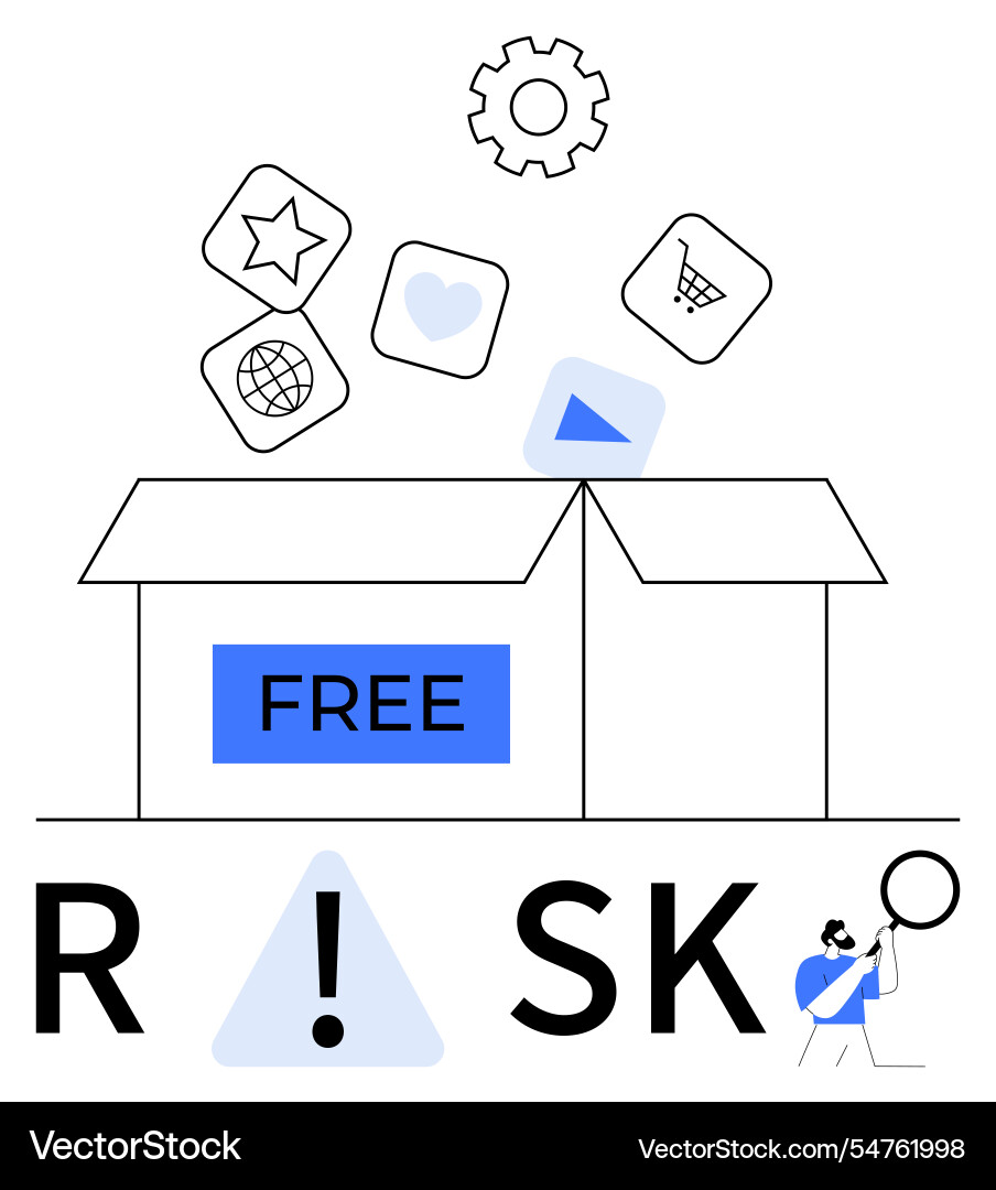Man examining elements emerging from box labeled Man examining elements emerging from box labeled vector image