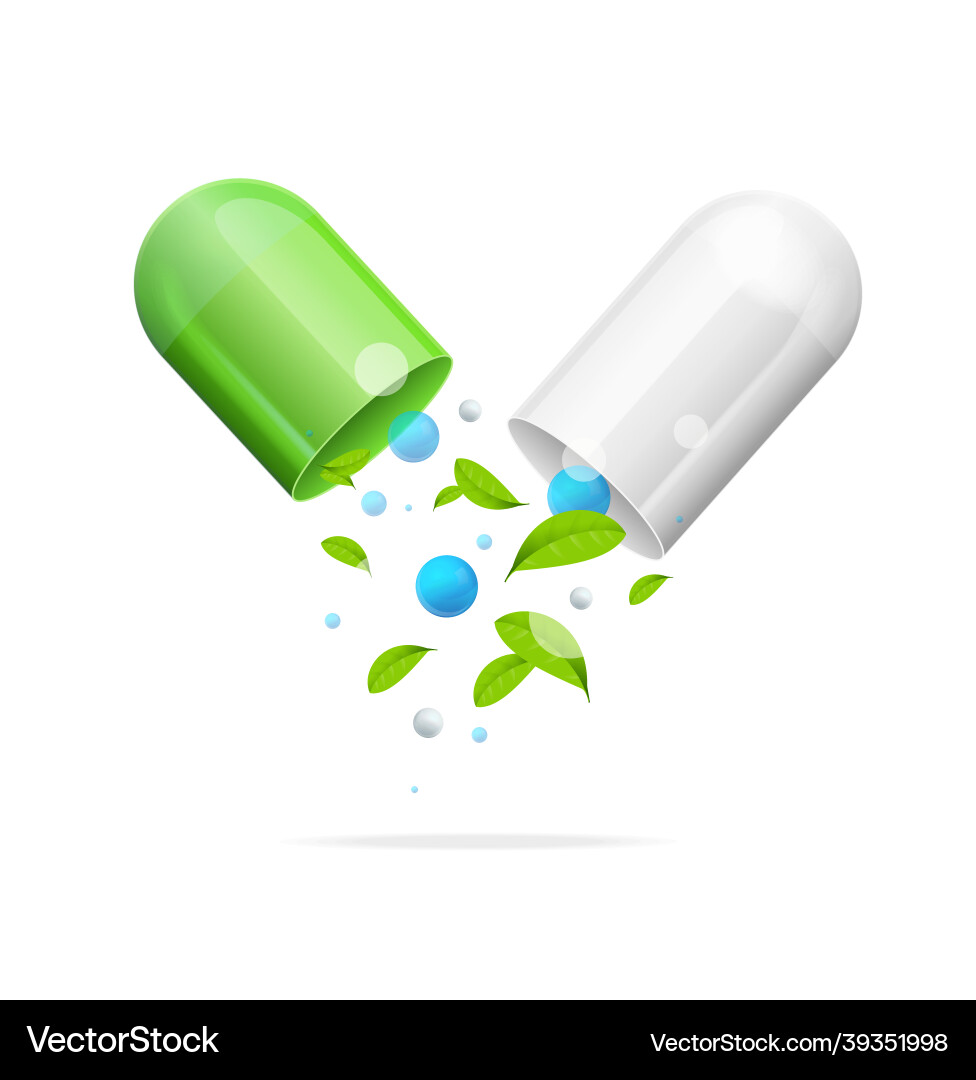 Realistic detailed 3d pill with green leaf Realistic detailed 3d pill with green leaf Vector Image
