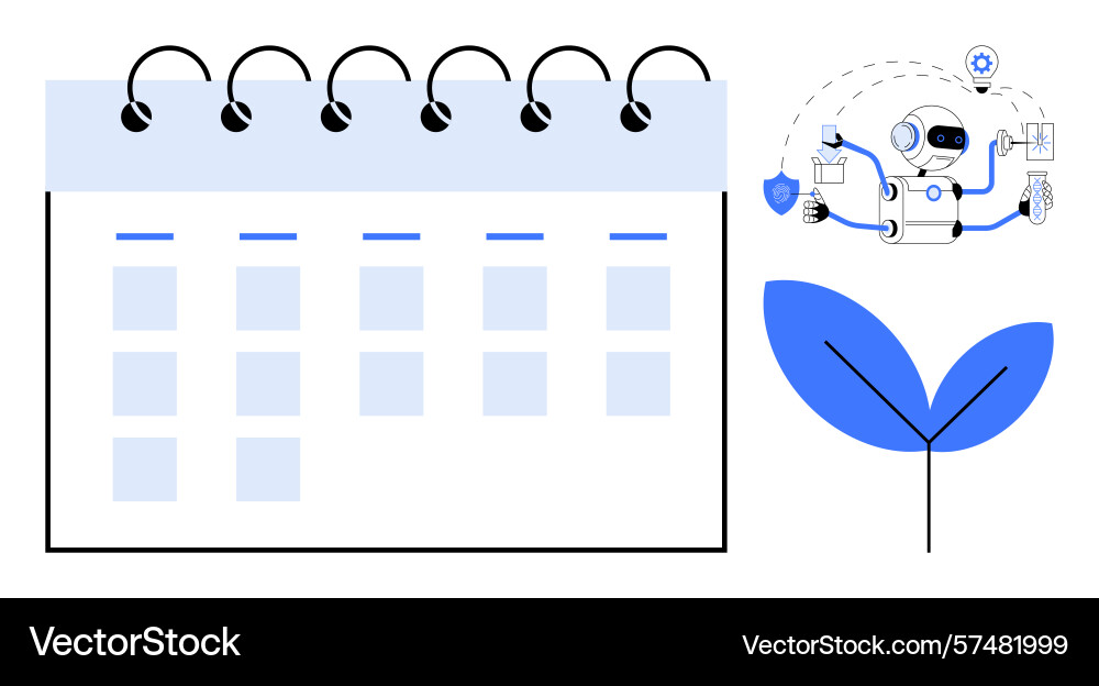 Automation robot managing tasks beside calendar Automation robot managing tasks beside calendar vector image