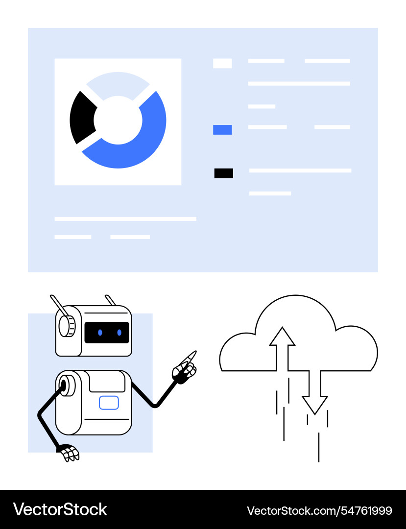 Robot analyzing data with a cloud computing Robot analyzing data with a cloud computing vector image