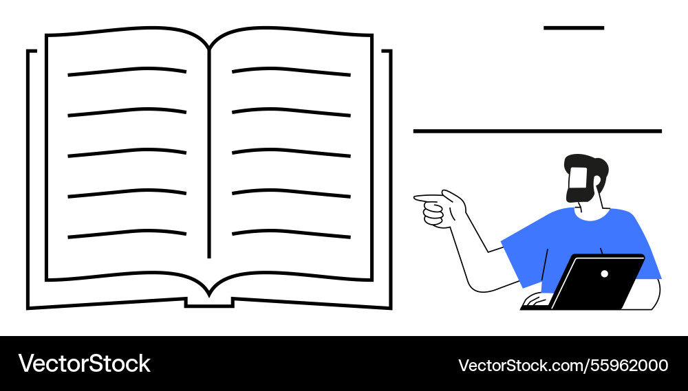 Man with laptop pointing towards large open book Man with laptop pointing towards large open book vector image