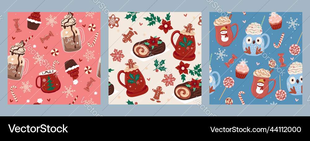 Set of seamless patterns with winter drinks vector image