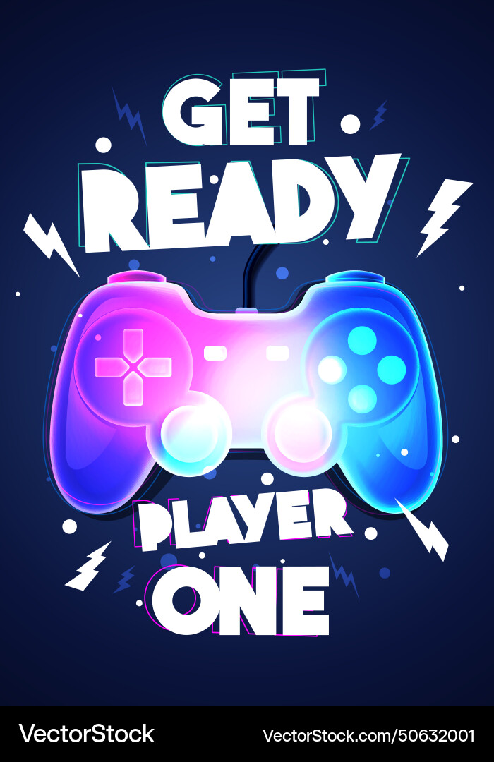 Get ready player one with neon colored gamepad Get ready player one with neon colored gamepad vector image