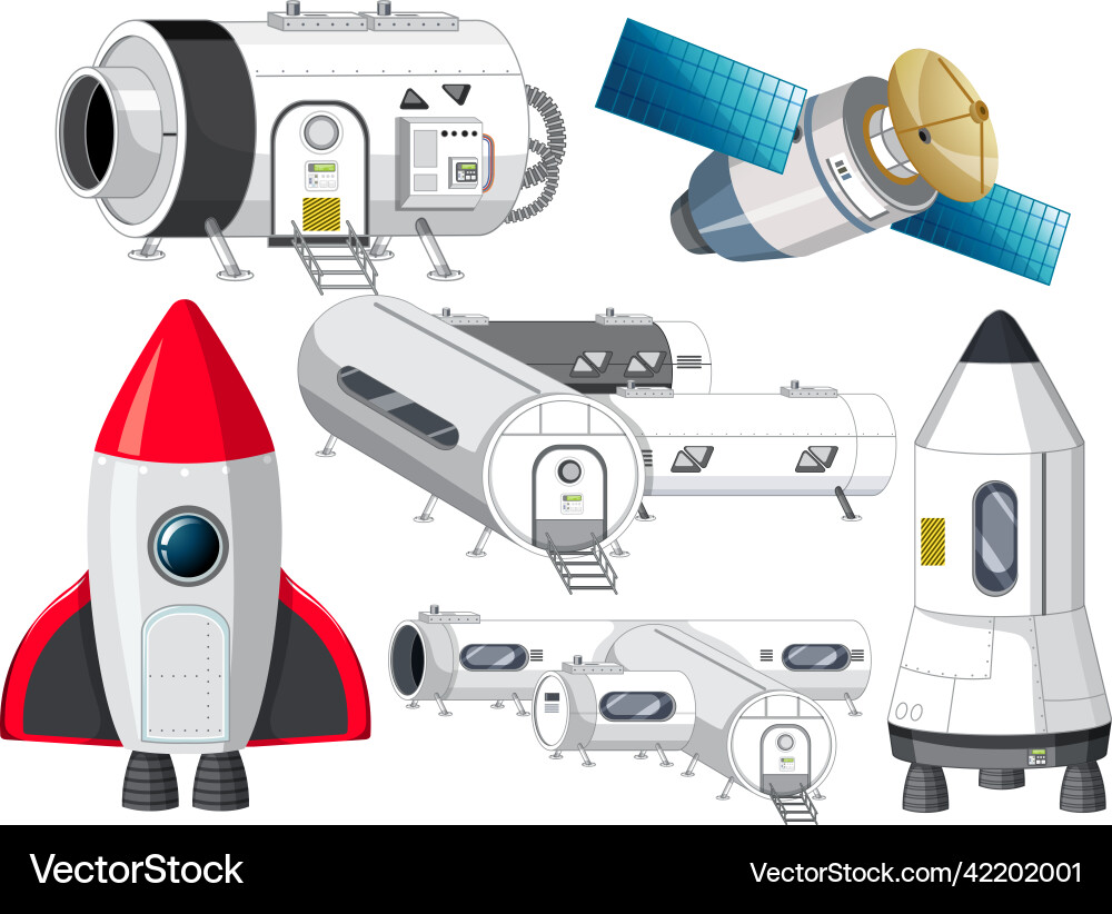 Set of spaceship and satellite objects Set of spaceship and satellite objects vector image