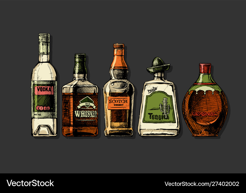 Bottles alcohol distilled beverage Royalty Free Vector Image