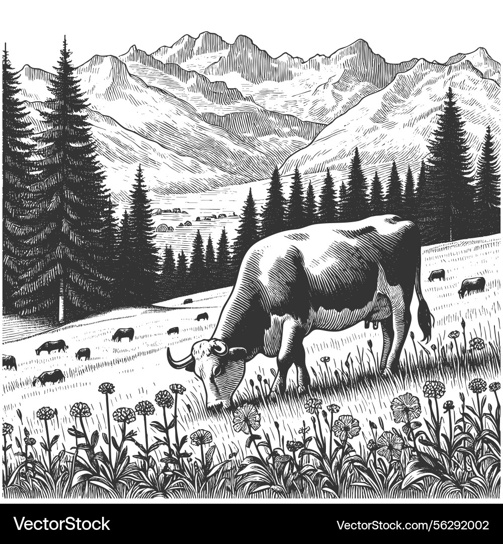 Grazing cow in mountain landscape engraving Grazing cow in mountain landscape engraving Vector Image