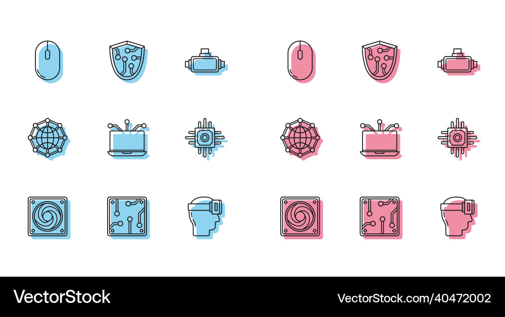 Set line computer cooler processor mouse Set line computer cooler processor mouse vector image
