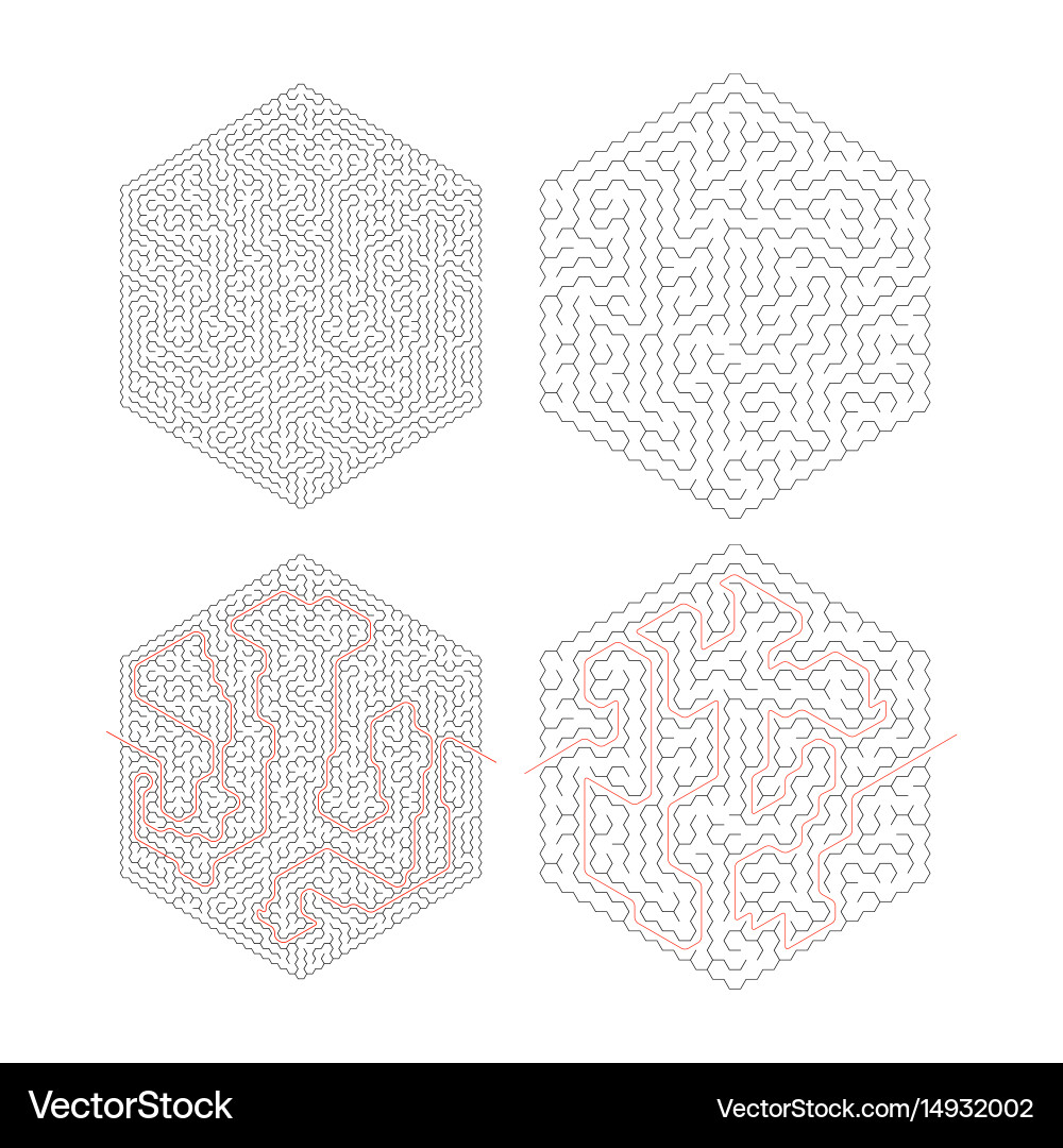 Two complicated hexagon-shape labyrinths with red vector image
