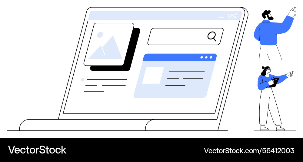 Team exploring web page interface with search bar Team exploring web page interface with search bar Vector Image